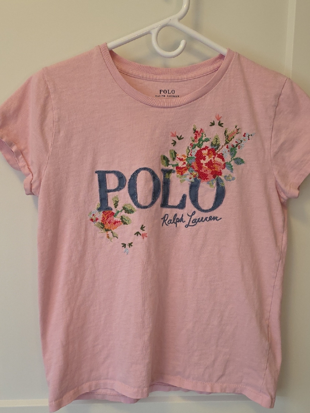 Polo by Ralph Lauren Pink Tee with Embroidered Floral Logo Women's M